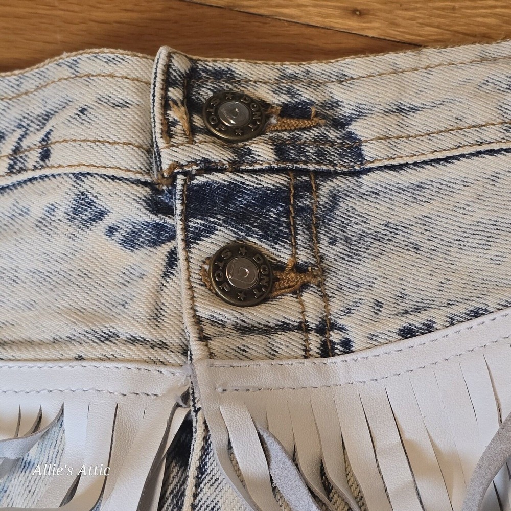 80s 90s Denim Jean Skirt Blue Acid Wash Mom High Waist Fringe Western 9/10 NOS - Picture 9 of 16